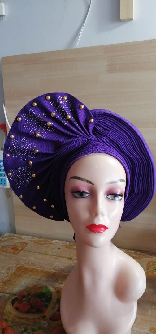 Pretied Turban- Luxury Nigerian Aso Oke Headtie Already Made African Headtie Women Headbands Head Wrap Turban Cap Auto Gele Headties Femme Headscarf Headgear Sewing Fabric For Party