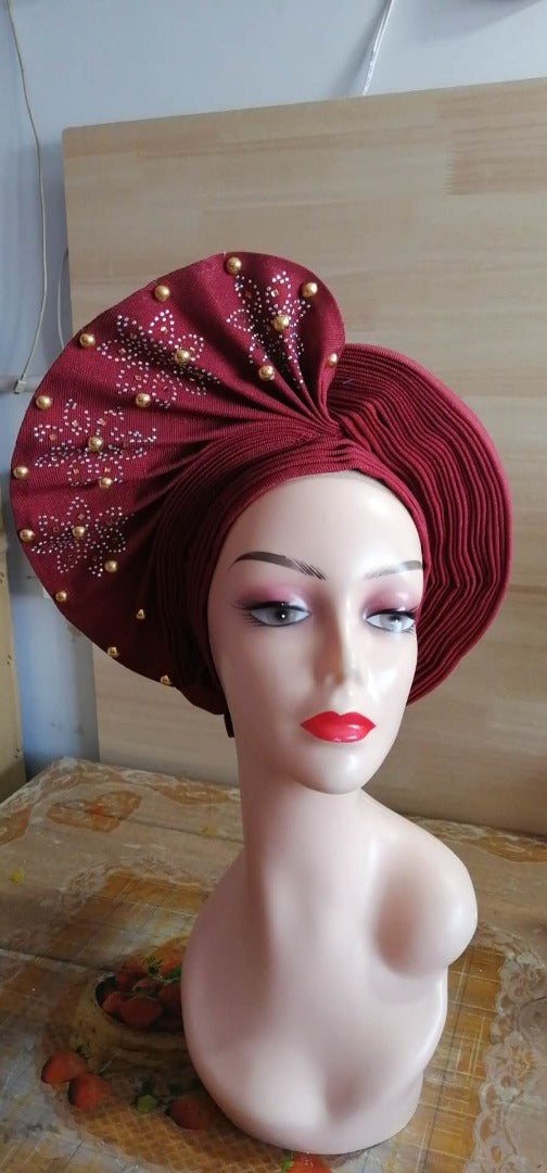 Pretied Turban- Luxury Nigerian Aso Oke Headtie Already Made African Headtie Women Headbands Head Wrap Turban Cap Auto Gele Headties Femme Headscarf Headgear Sewing Fabric For Party