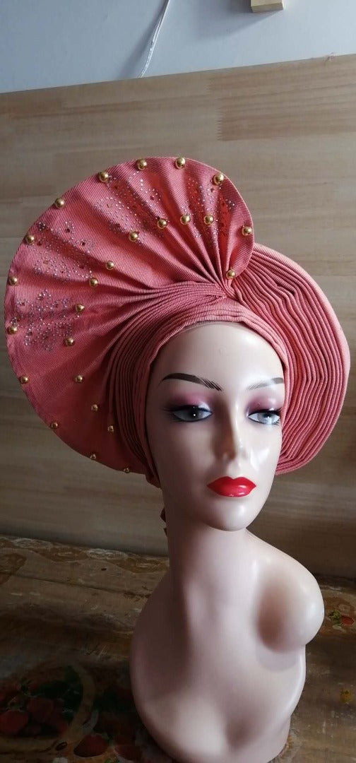 Pretied Turban- Luxury Nigerian Aso Oke Headtie Already Made African Headtie Women Headbands Head Wrap Turban Cap Auto Gele Headties Femme Headscarf Headgear Sewing Fabric For Party