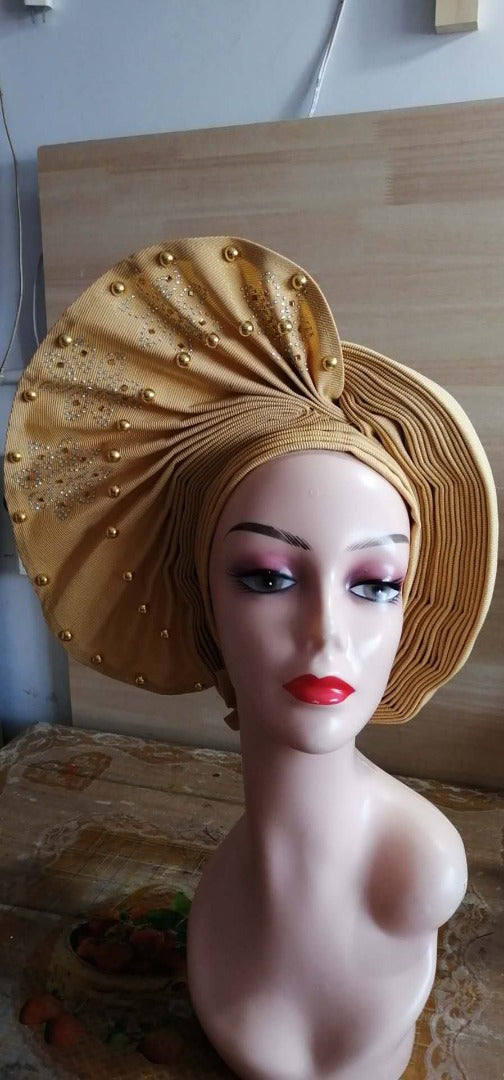 Pretied Turban- Luxury Nigerian Aso Oke Headtie Already Made African Headtie Women Headbands Head Wrap Turban Cap Auto Gele Headties Femme Headscarf Headgear Sewing Fabric For Party