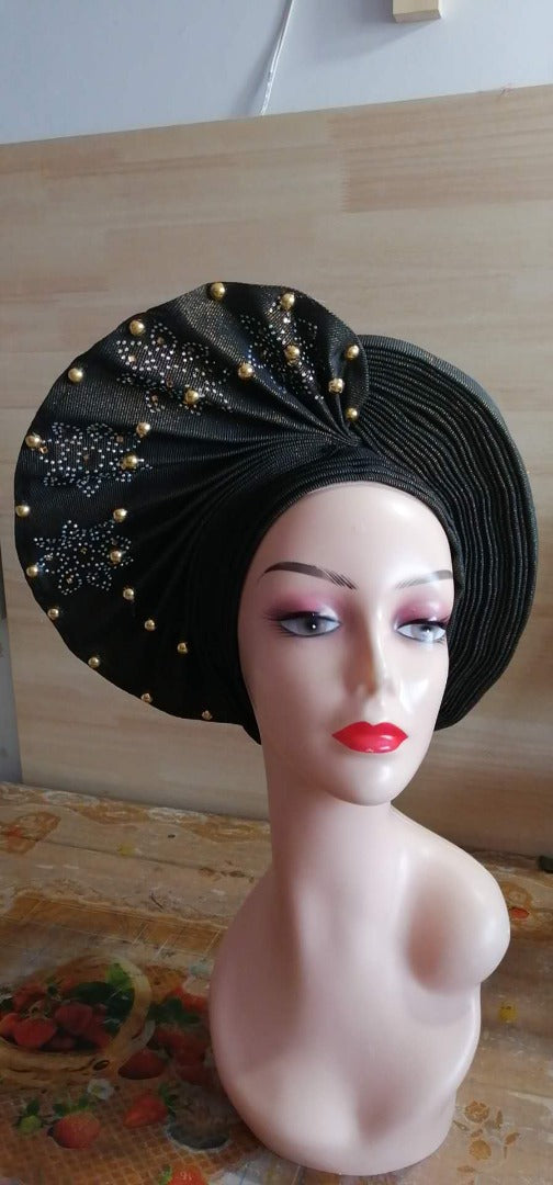 Pretied Turban- Luxury Nigerian Aso Oke Headtie Already Made African Headtie Women Headbands Head Wrap Turban Cap Auto Gele Headties Femme Headscarf Headgear Sewing Fabric For Party