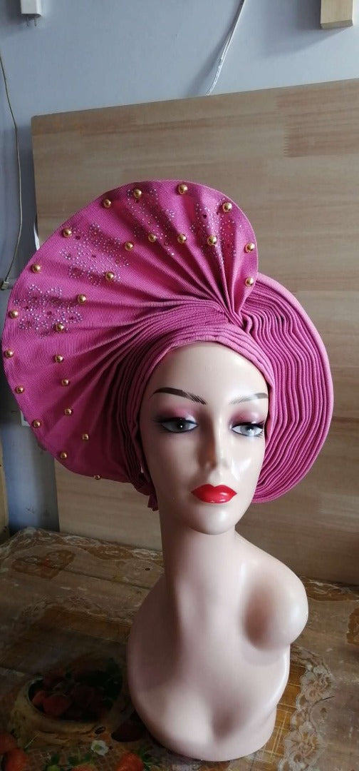 Pretied Turban- Luxury Nigerian Aso Oke Headtie Already Made African Headtie Women Headbands Head Wrap Turban Cap Auto Gele Headties Femme Headscarf Headgear Sewing Fabric For Party