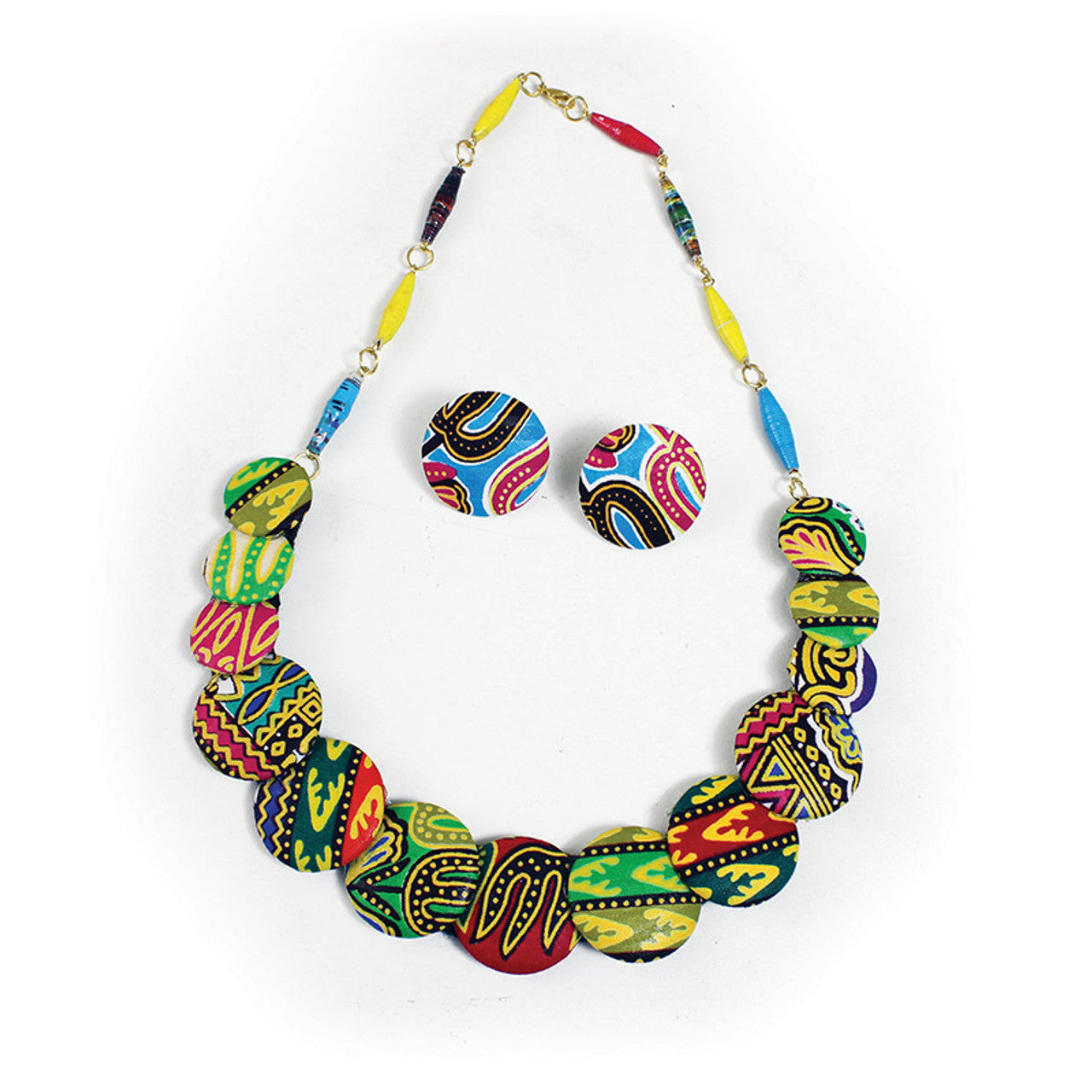 African Print Fabric Button Necklace and  Earring Set