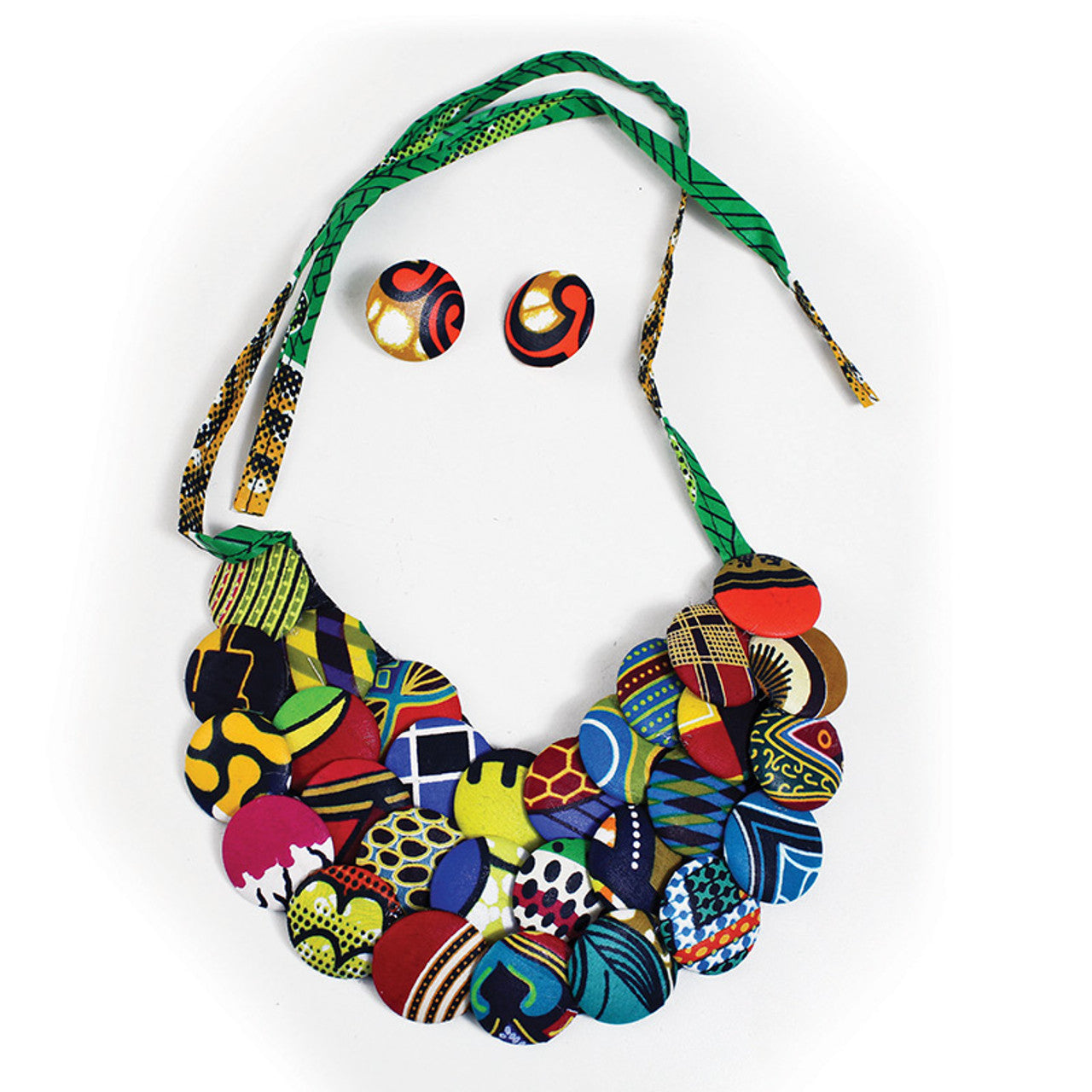 African Print Fabric Button Necklace and  Earring Set