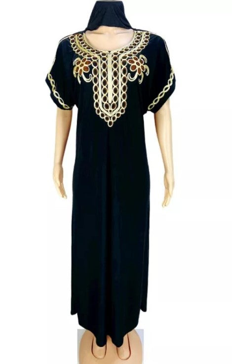 African Black Embroidered Dress/ African Abaya/ Dashiki Kaftan Maxi Robe for Woman