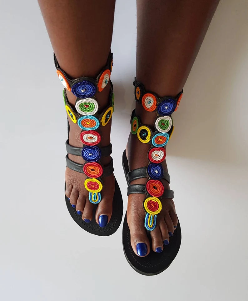 African Leather beaded gladiator sandals